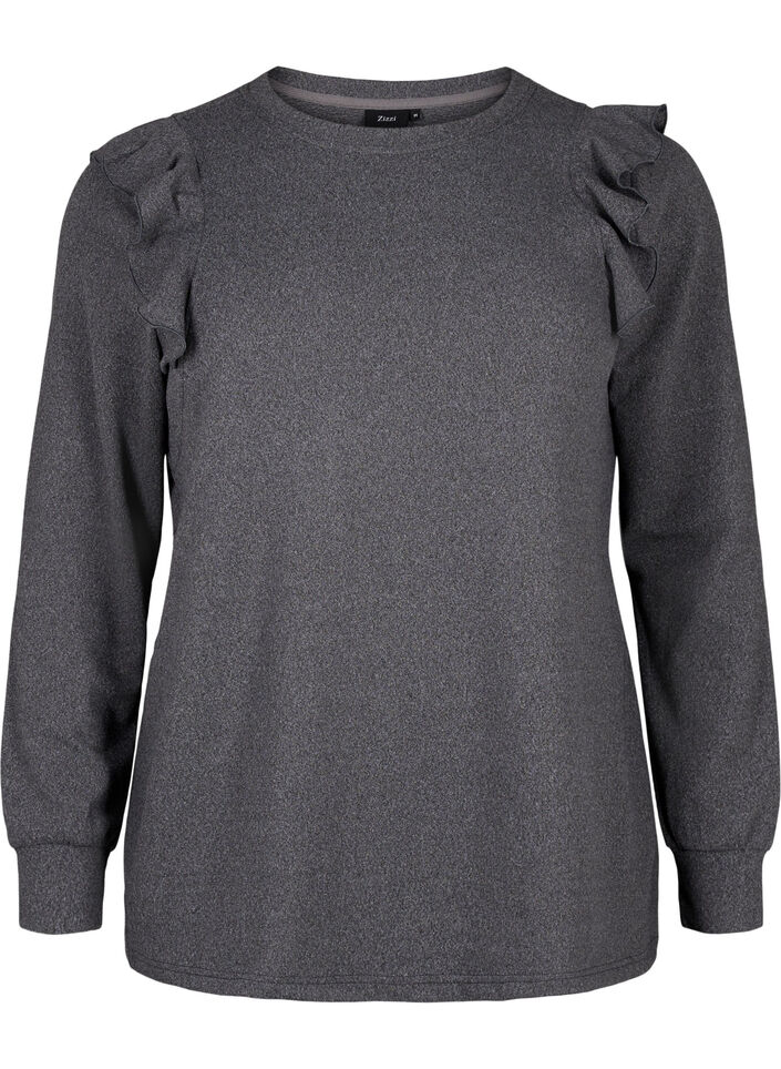  Langärmelige Bluse mit Rüschendetails, Dark Grey Melange, Packshot image number 0