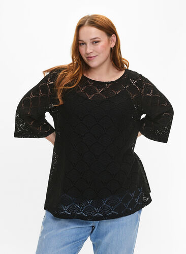 Crochet Bluse mit 3/4 Pins, Black, Model image number 0