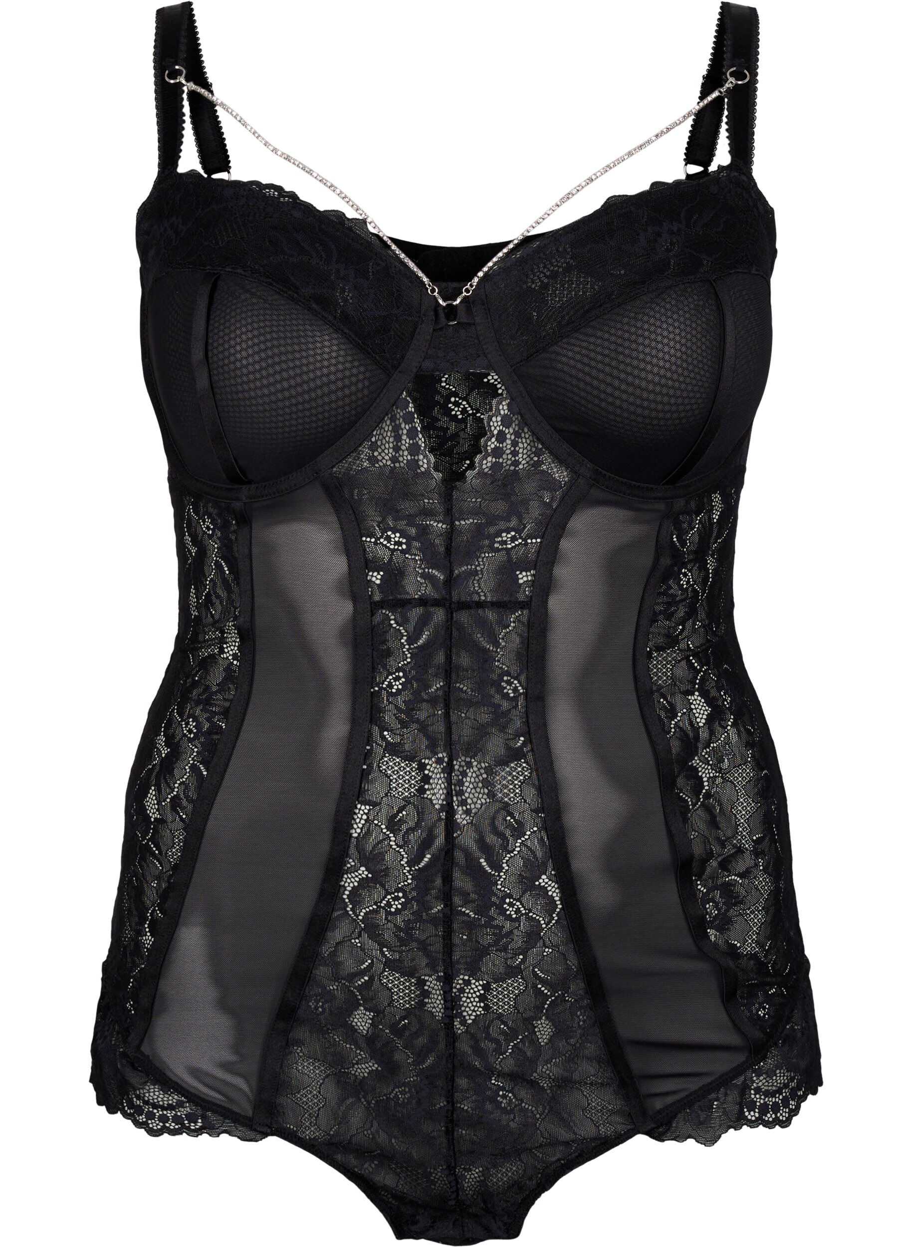 ZizziBody mit Mesh, Spitze und abnehmbarer Kette, Black, Packshot image number 0