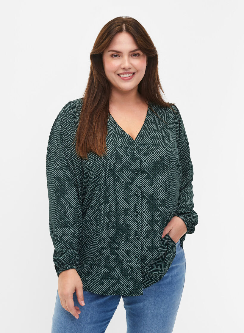  Hemdbluse mit V-Ausschnitt und Aufdruck, Scarab Graphic AOP, Model image number 0