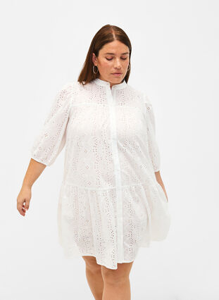 Hemdblusenkleid aus Baumwolle mit Lochstickerei, Bright White, Model image number 0