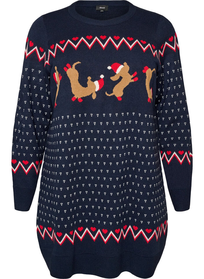 Kurzes Strickkleid mit Weihnachtsmotiv, Blau, Packshot image number 0