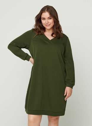 Sweatshirt-Kleid mit V-Ausschnitt, Khaki Green , Model image number 0