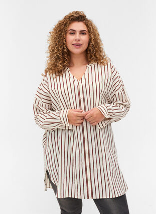 Lange Hemdbluse aus Baumwolle mit Streifen und V-Ausschnitt, Stripe, Model image number 0