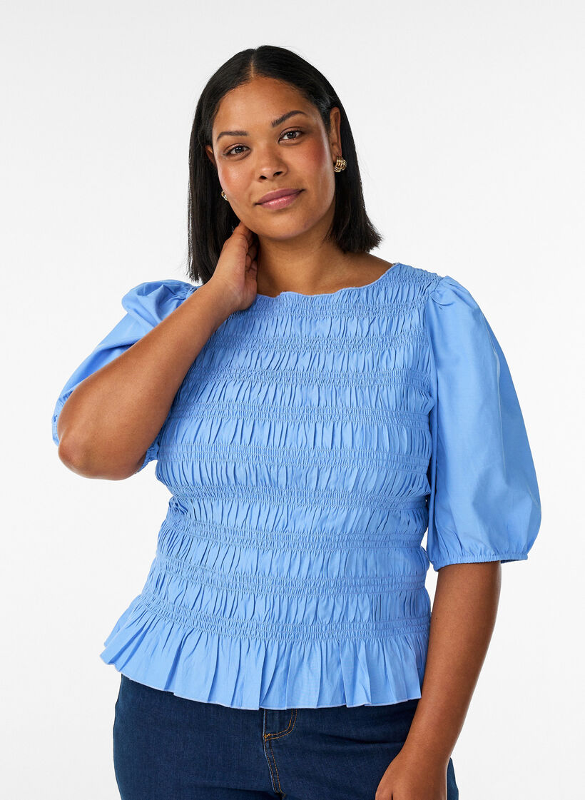 Smockbluse mit R&uuml;schensaum und U-Boot-Ausschnitt, Blau, Model image number 0