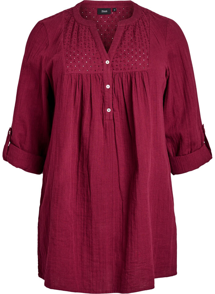 Tunika aus Baumwollmusselin mit Broderie Anglaise, Dunkles Bordeaux, Packshot image number 0