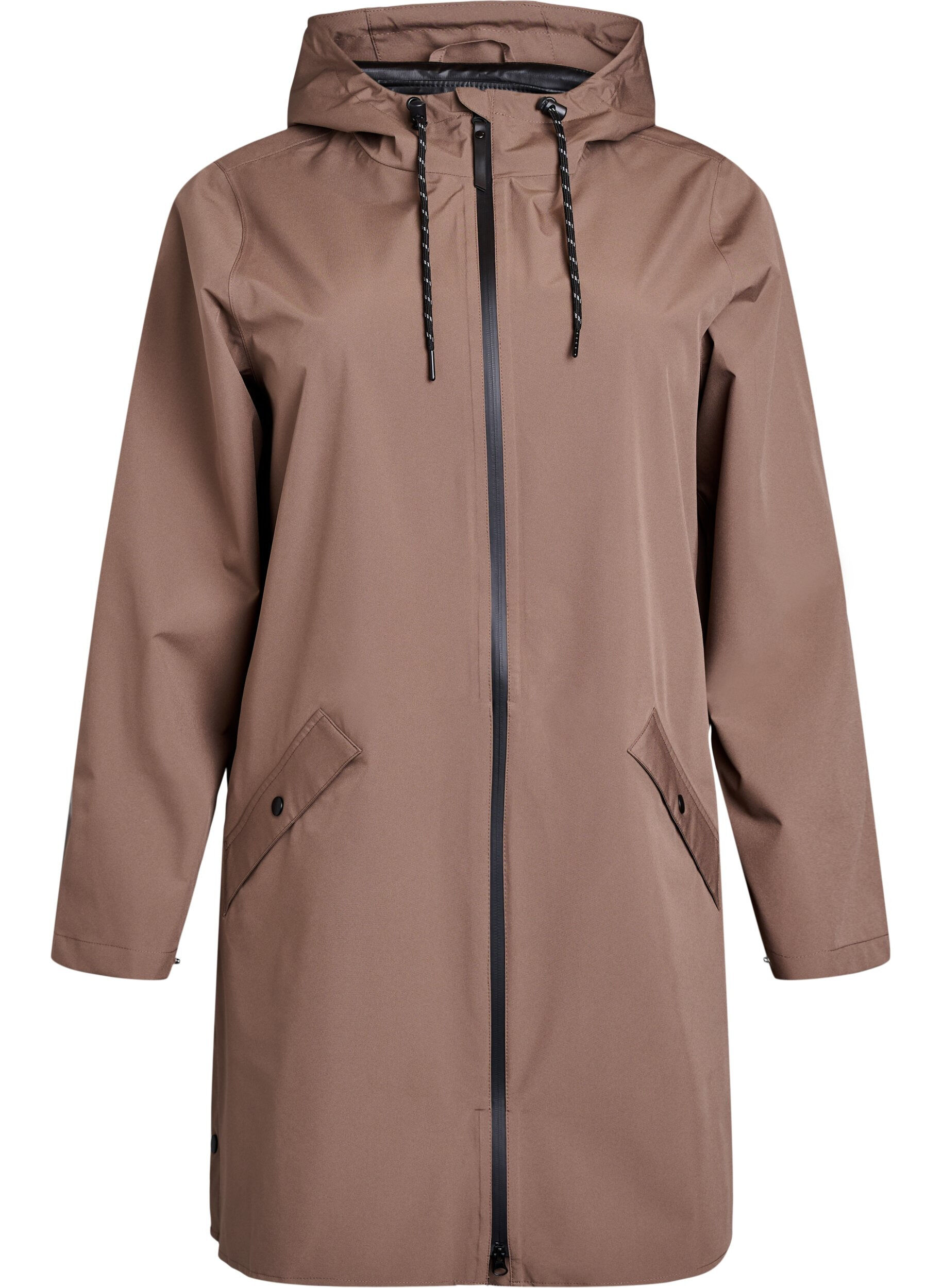 Regenjacke mit Taschen und Kapuze.