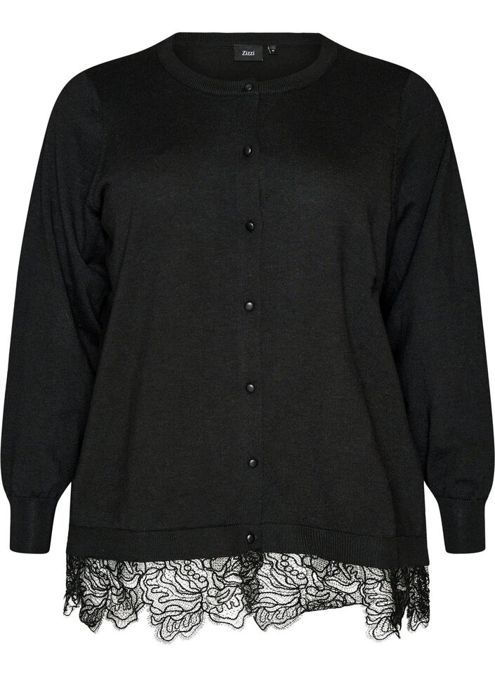 Cardigan mit breitem Spitzensaum, Schwarz, Packshot image number 0