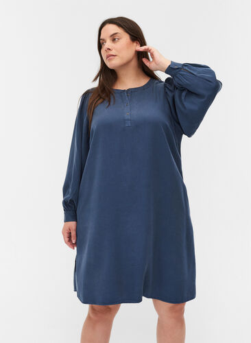 Kleid mit langen Puffärmeln, Dark blue denim, Model image number 0