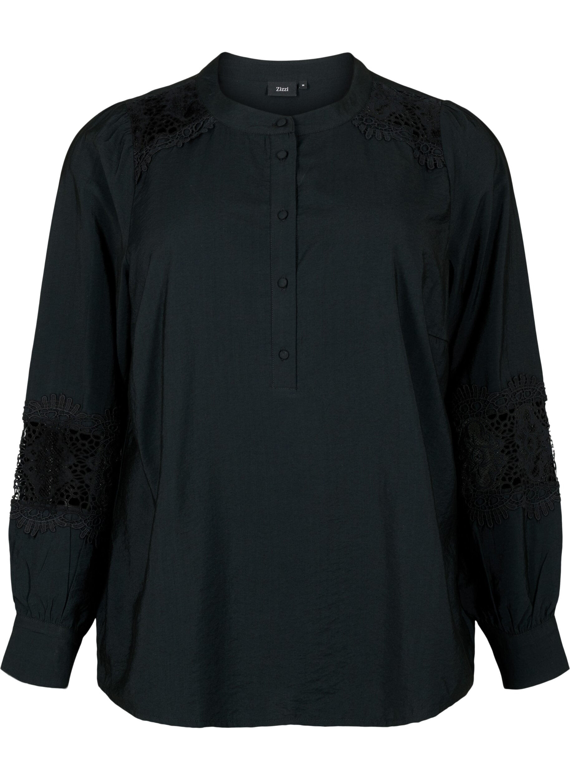 Zizzi Bluse aus Viskose mit H&auml;keleien, Black, Packshot image number 0