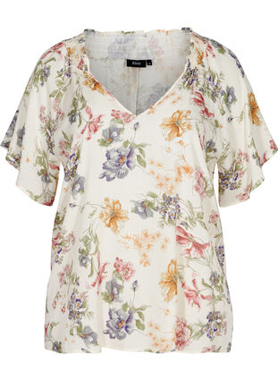 Kurzarm Bluse aus Viskose mit Blumenprint, Creme Vintage Flower, Packshot image number 0