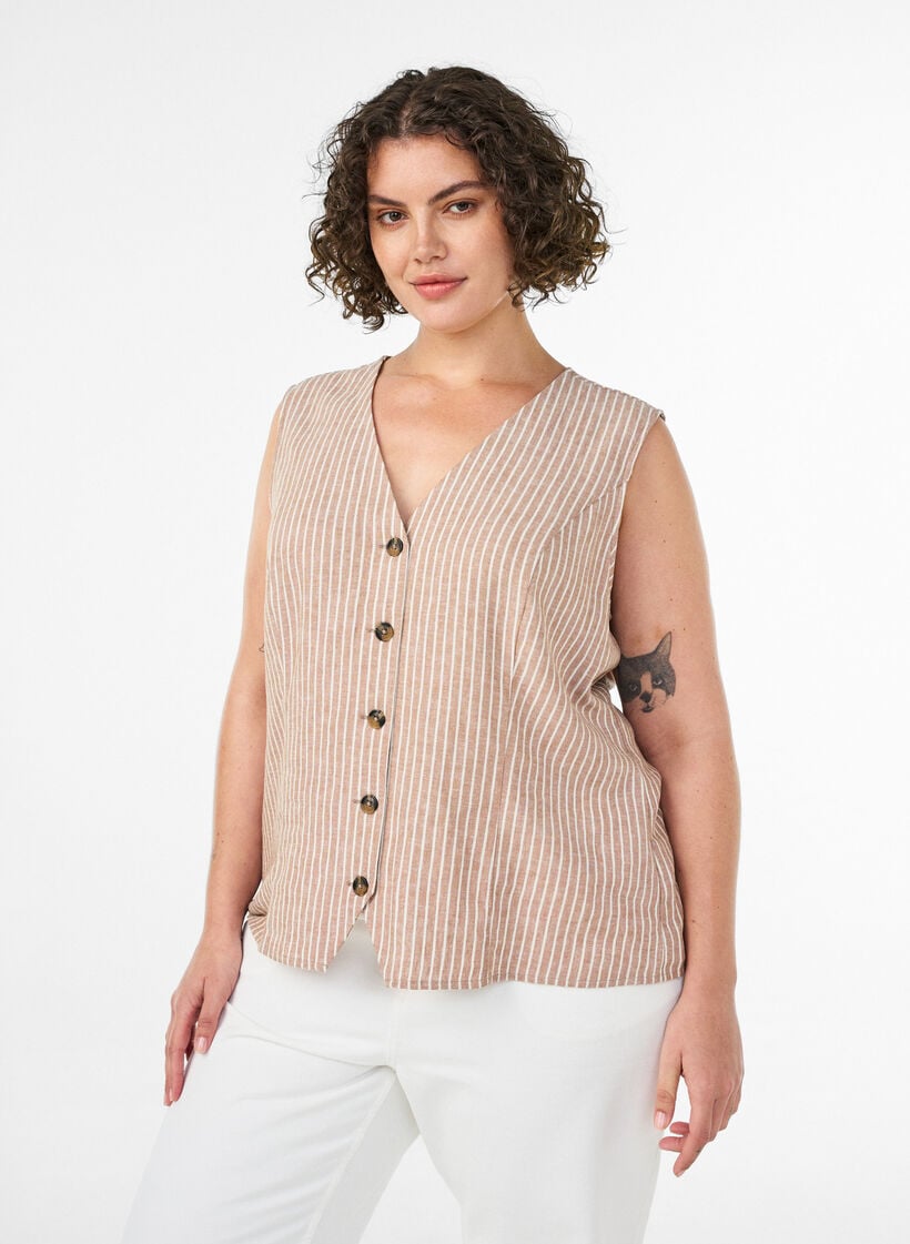 Gestreifte Weste aus Leinen und Viskose, Beige, Model image number 0