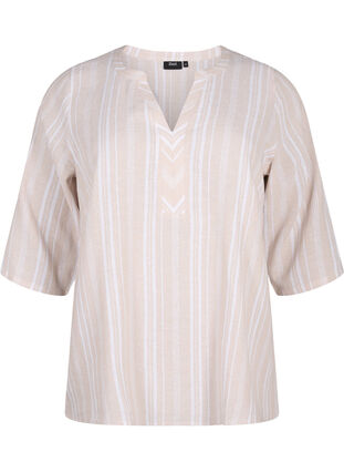 Gestreifte Bluse aus einer Leinen-Viskose-Mischung, Beige White Stripe, Packshot image number 0