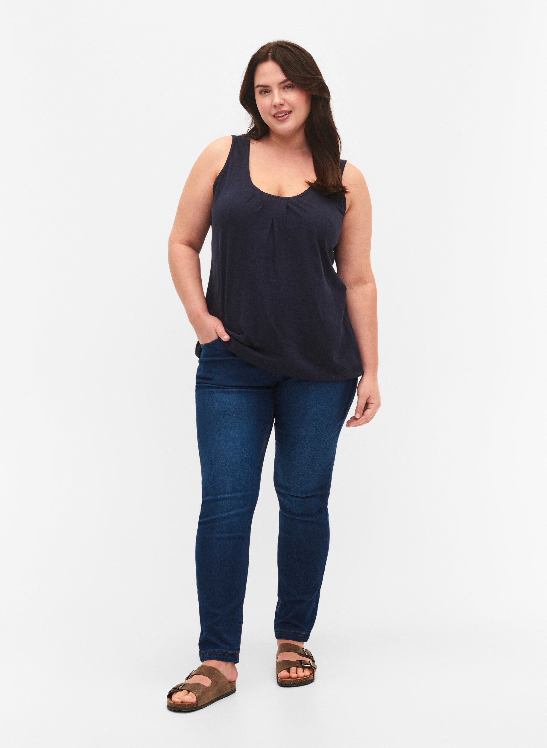 ZizziTop aus Baumwolle mit Spitzenbesatz, Navy Blazer, Model image number 2