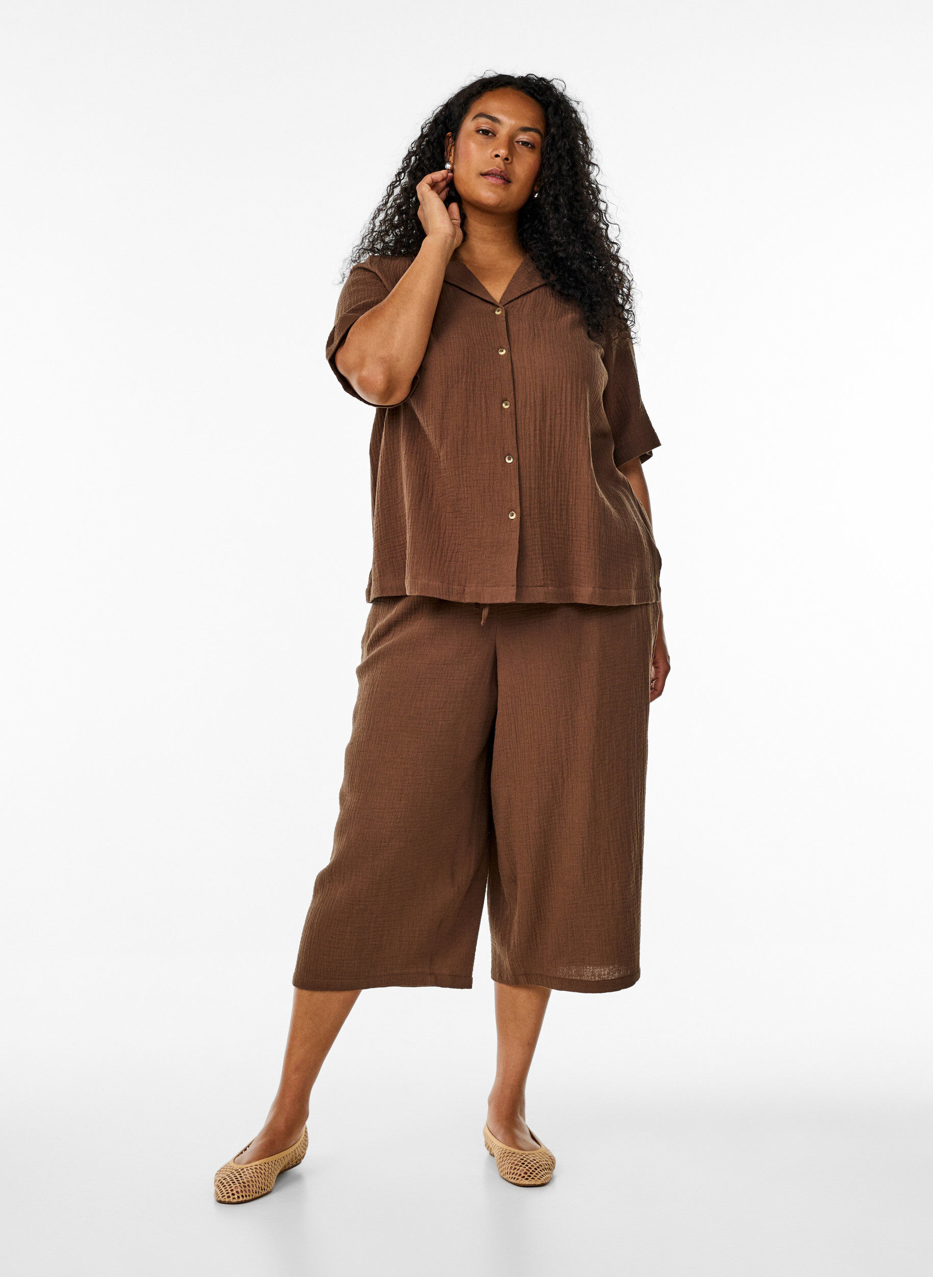 ZizziCulotte-Hose aus Baumwollmusselin mit hohem Bund, Braun, Model image number 0