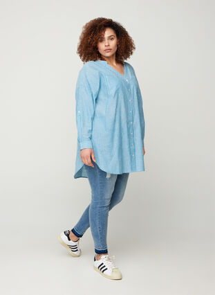 Gestreifte Hemdbluse aus 100% Baumwolle, Blue Stripe, Model image number 3