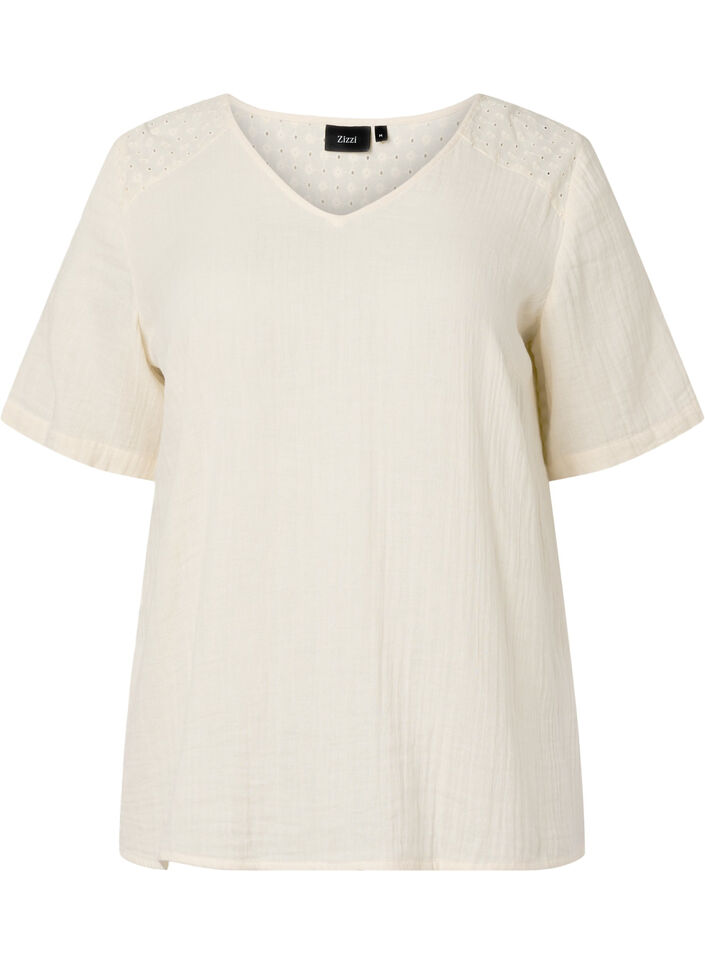 Bluse aus Baumwolle mit Stickerei und kurzen Ärmeln, Buttercream, Packshot image number 0