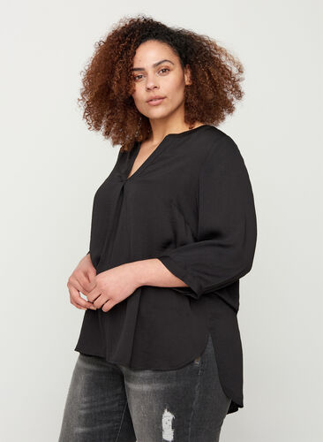 Bluse mit 3/4-Ärmeln und V-Ausschnitt, Black, Model image number 0
