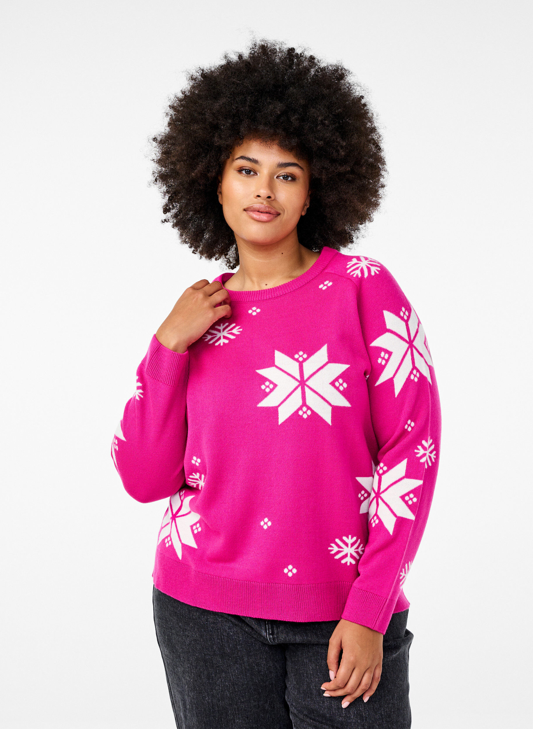 ZizziStrickpullover mit Schneeflockenmuster, Pink, Model image number 0