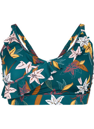 Bikini-Top mit Rüschendetails und Blumenprint, Lily Teal, Packshot image number 0