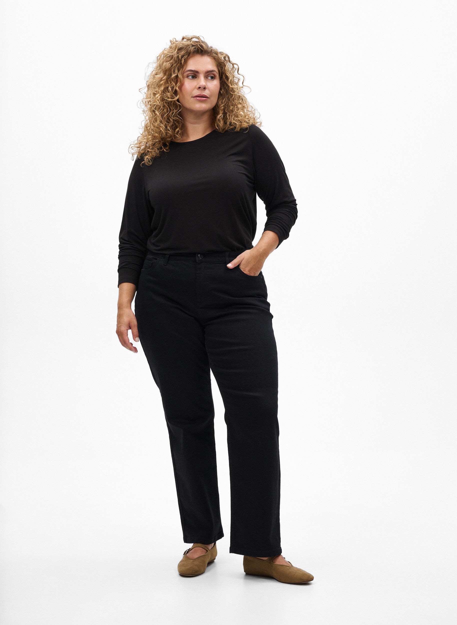 ZizziEinfarbige Bluse mit langen &Auml;rmeln, Schwarz, Model image number 1
