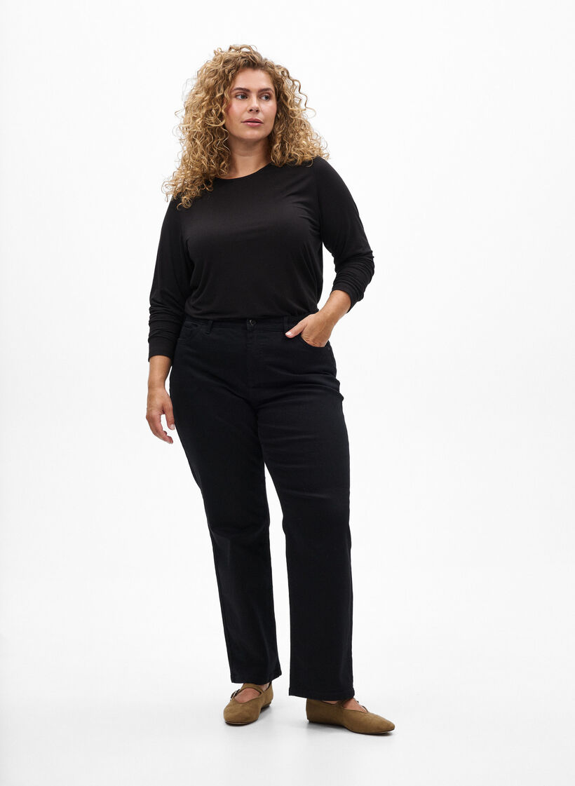 Einfarbige Bluse mit langen &Auml;rmeln, Schwarz, Model image number 1