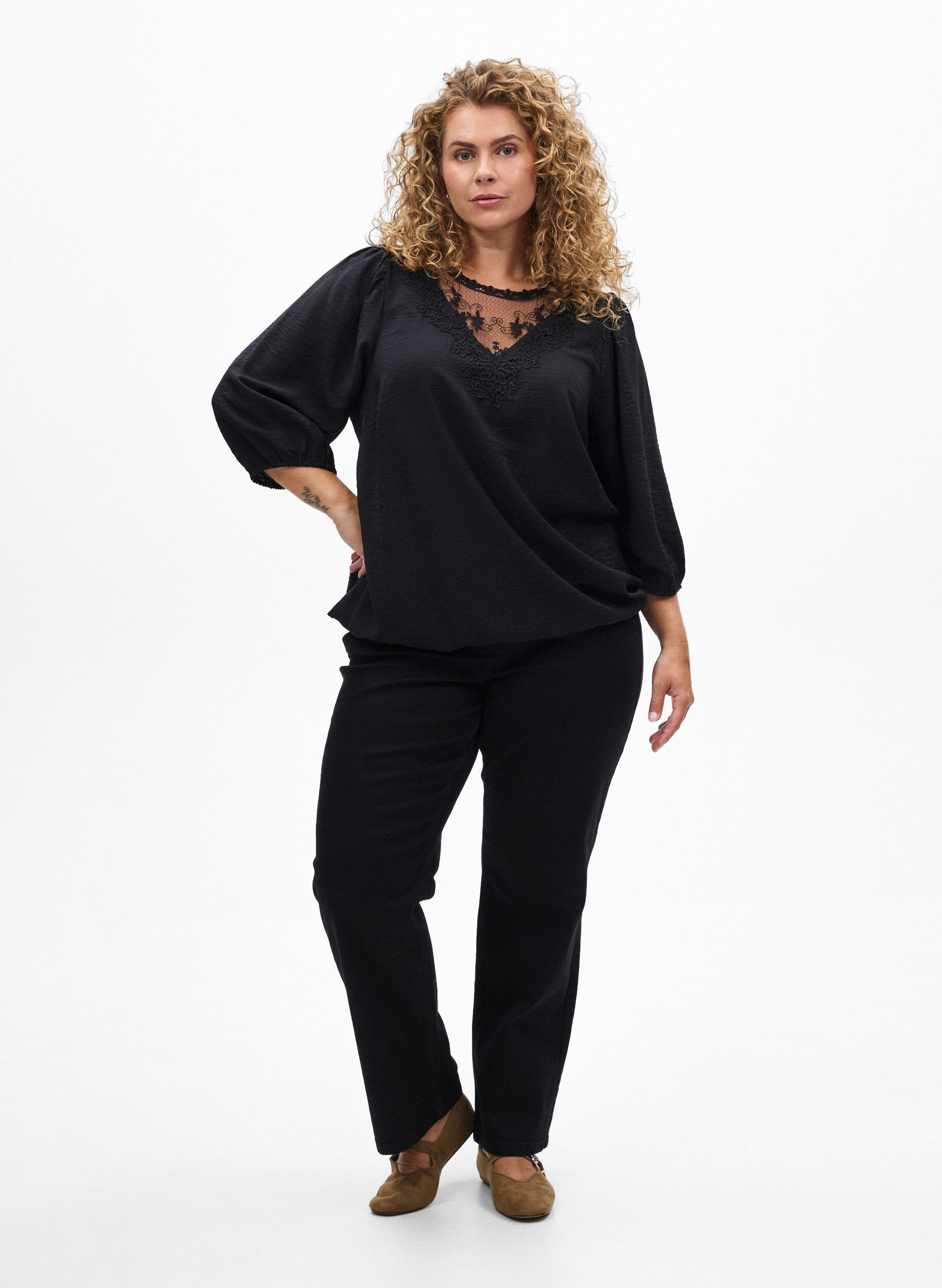 ZizziBluse aus Spitze mit 3/4-&Auml;rmeln, Schwarz, Model image number 1