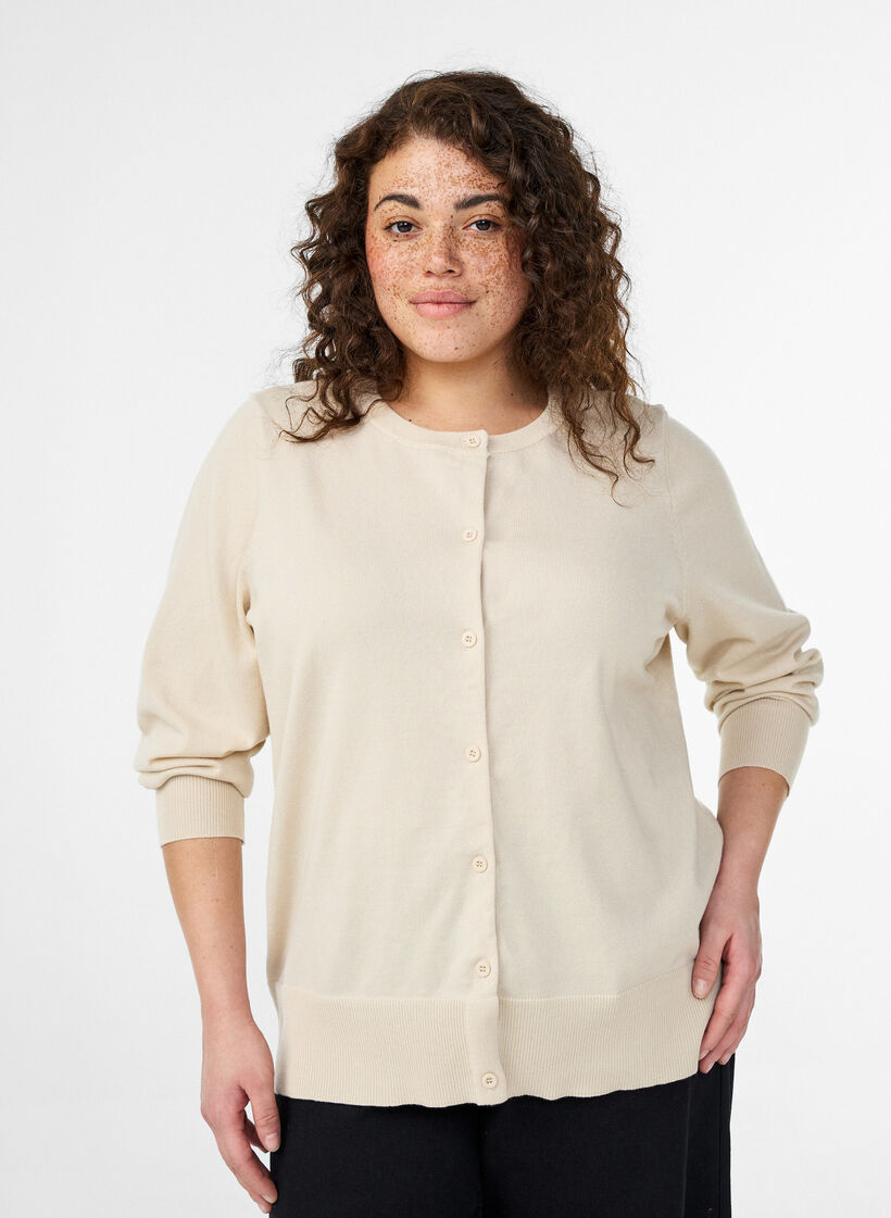 Feinstrick-Strickjacke mit Rundhalsausschnitt, Beige, Model image number 0