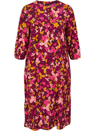 Viskosekleid mit Blumenprint und 3/4-Ärmeln, Hot Pink Flower, Packshot image number 0