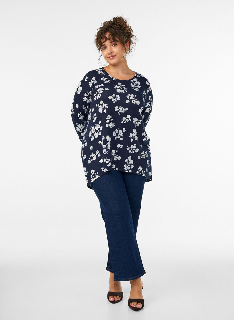 Bluse mit Blumenmuster und langen &Auml;rmeln, Blau, Model image number 1