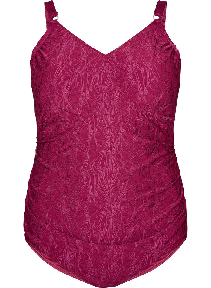 Badeanzug mit Wickeldetail und gebl&uuml;mter Ton-in-Ton-Textur, Rot, Packshot image number 0