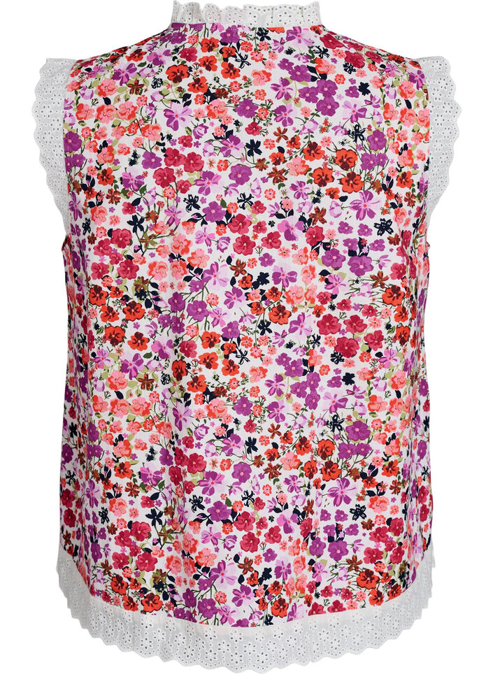 &Auml;rmellose Bluse aus Baumwolle mit Blumenprint und Broderie Anglaise, Pink, Packshot image number 1