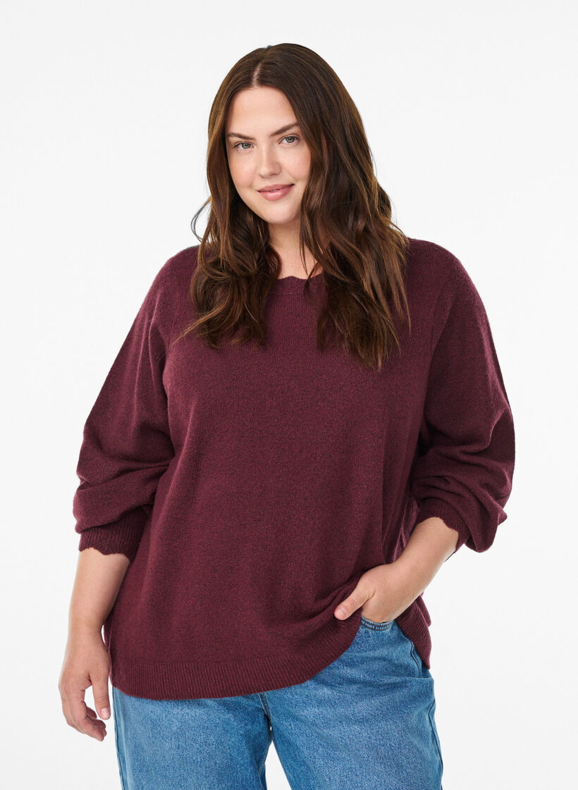 Strickbluse mit Wellenkante, Dunkles Bordeaux, Model image number 0