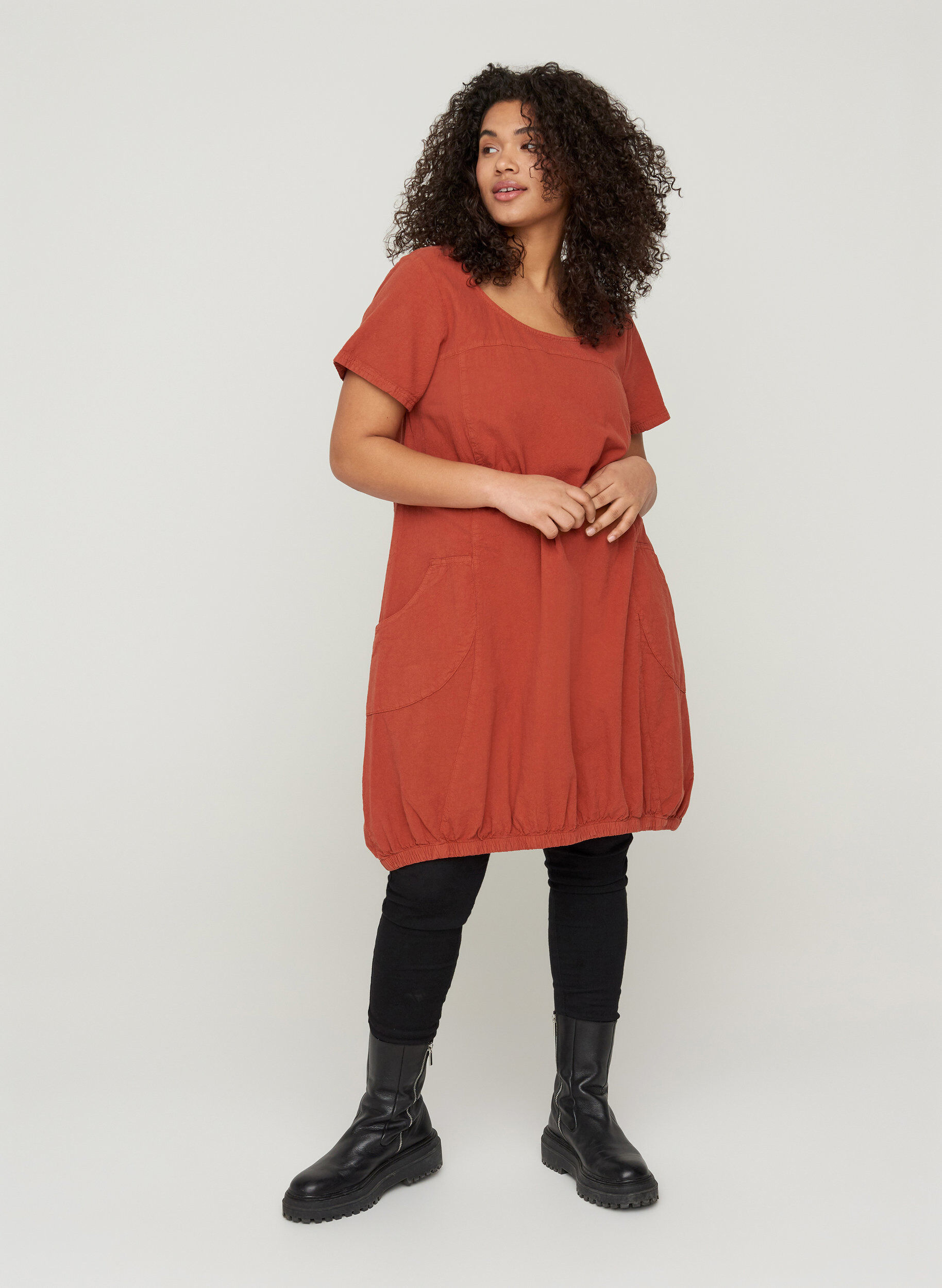 ZizziKurzarm Kleid aus Baumwolle, Orange, Model image number 1