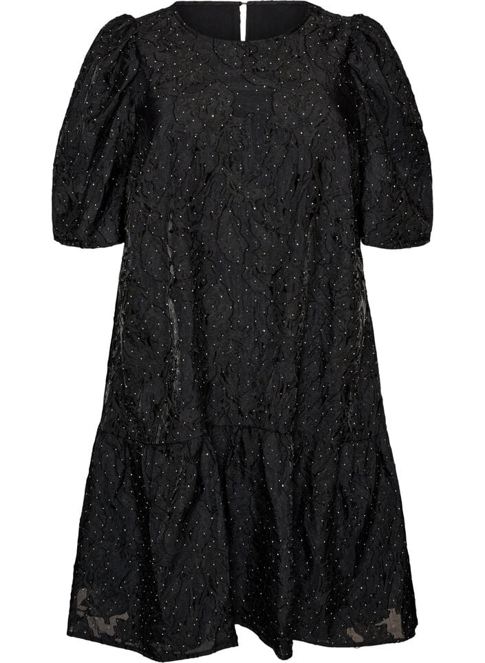 Jacquardkleid mit funkelnden Details und Puff&auml;rmeln, Schwarz, Packshot image number 0