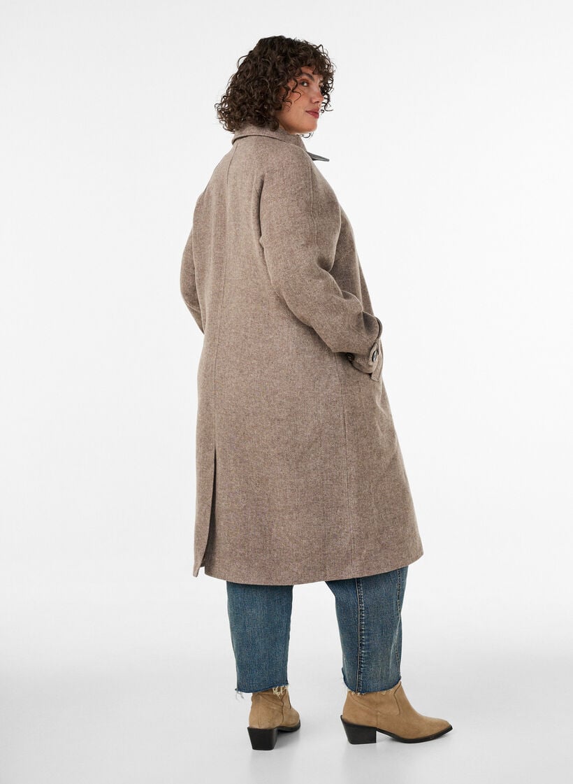 Langer Wollmantel mit hohem Kragen und doppelreihigem Design, Braun, Model image number 2