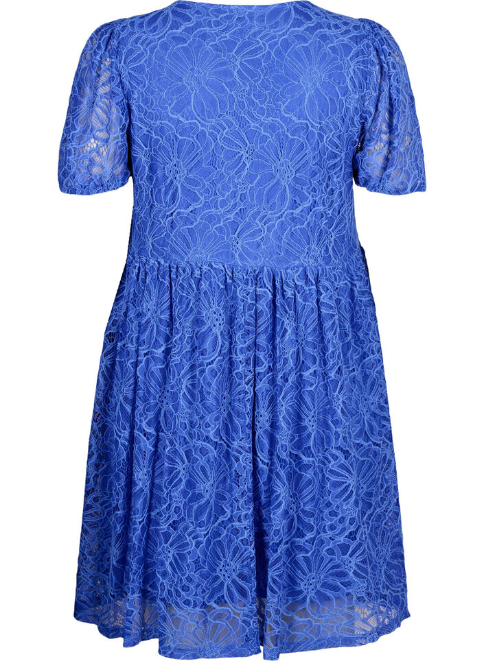 Kurzärmliges Spitzenkleid mit V-Ausschnitt, Dazzling Blue, Packshot image number 1