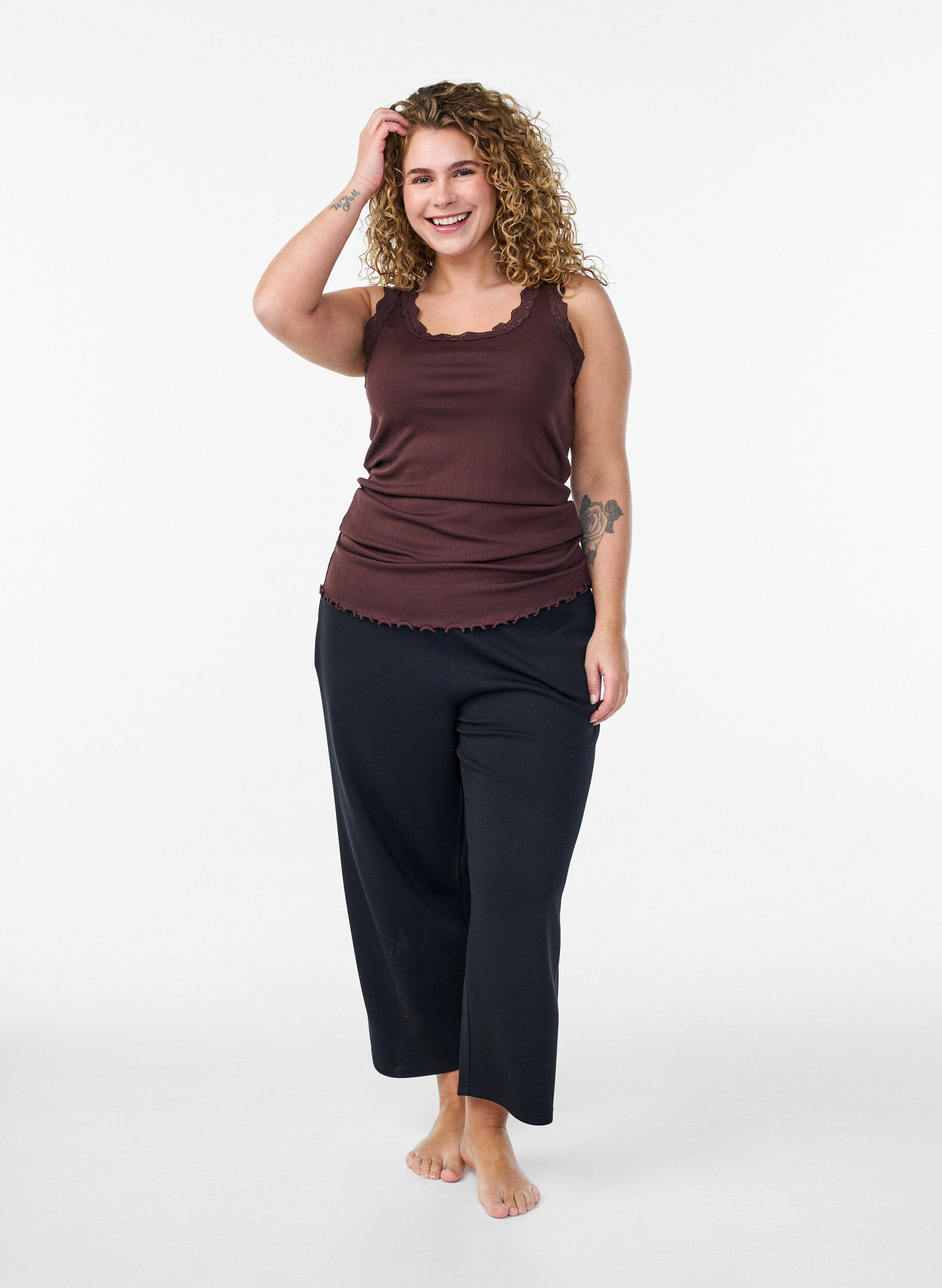 ZizziTanktop mit Spitzen und Lochstickerei, Braun, Model image number 1