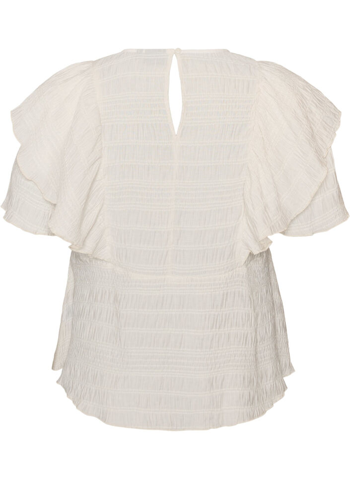 Bluse mit gesmokter Textur und R&uuml;schen&auml;rmeln, Vanille, Packshot image number 1