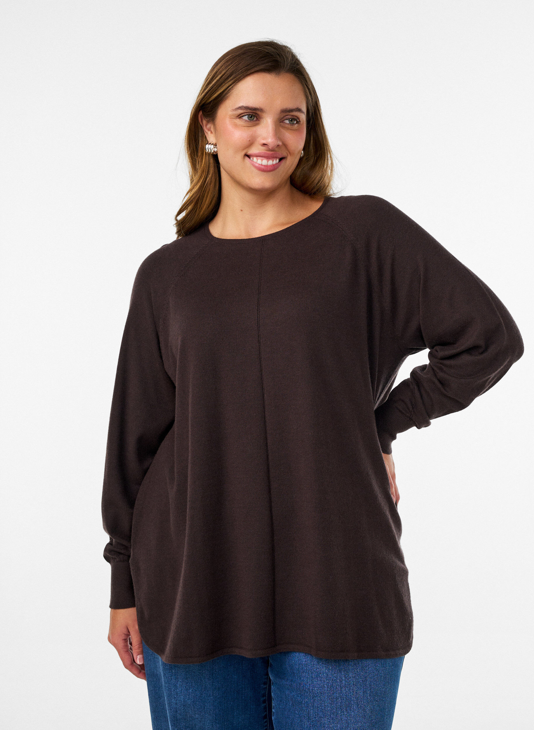 ZizziStrickbluse mit Rundhalsausschnitt und Strickmuster, Braun, Model image number 0