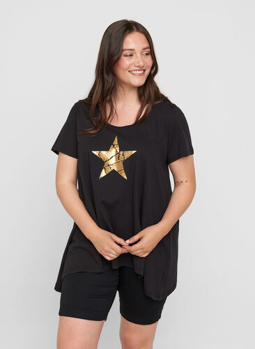 Kurzarm T-Shirt aus Baumwolle mit A-Linie, Black STAR, Model image number 0