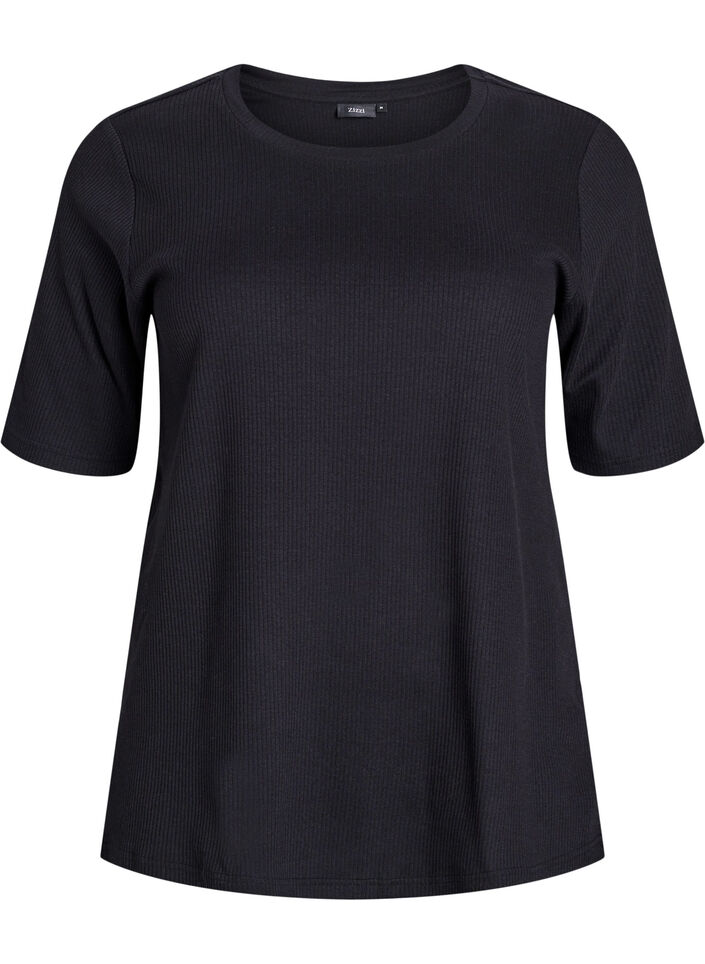 Bluse aus geripptem Jersey mit kurzen &Auml;rmeln, Schwarz, Packshot image number 0