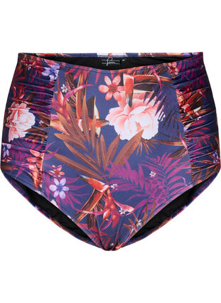Bikini-Unterteil mit Streifen und hoher Taille, Purple Flower, Packshot image number 0