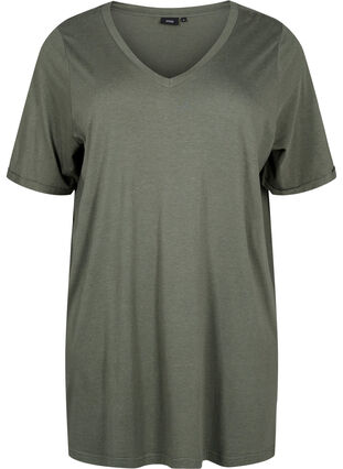 Einfarbiges Oversize T-Shirt mit V-Ausschnitt, Thyme, Packshot image number 0
