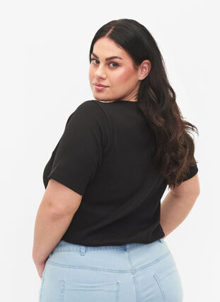 Kurzärmelige Bluse aus gerippter Baumwolle, Black, Model image number 1