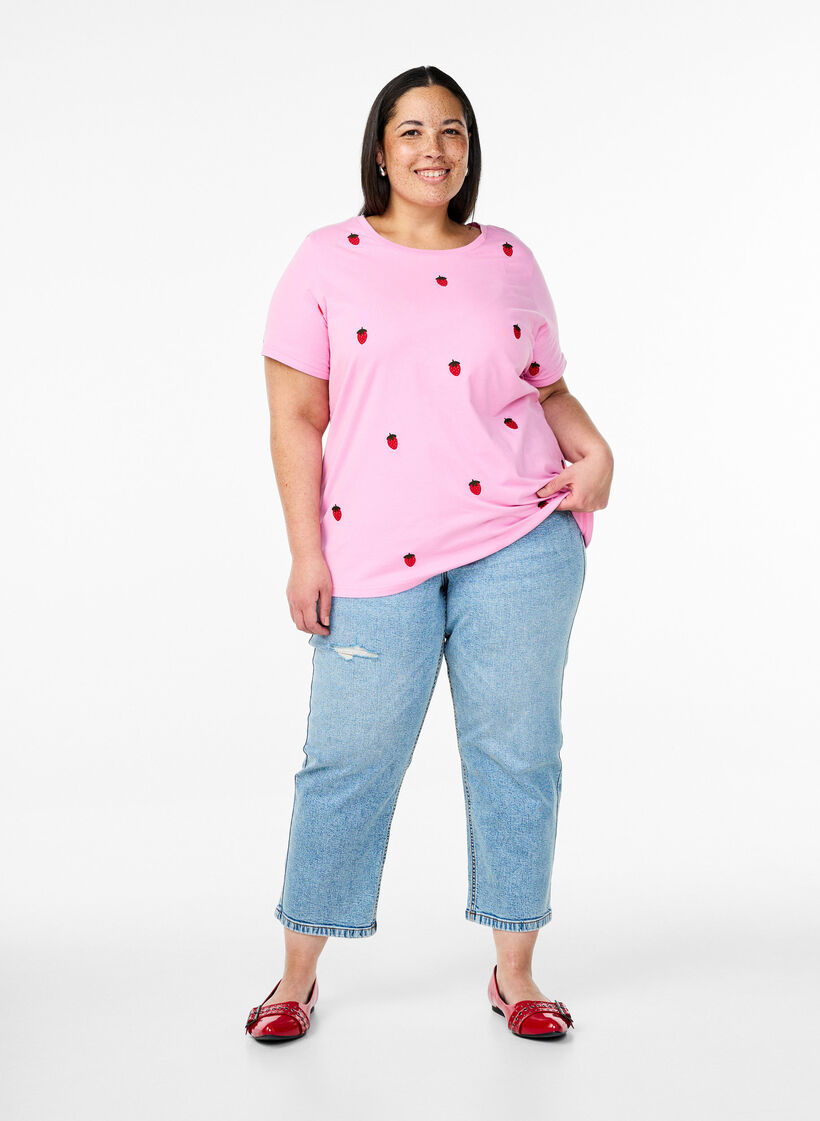 T-Shirt aus Bio-Baumwolle mit aufgestickten Motiven, Pink, Model image number 1