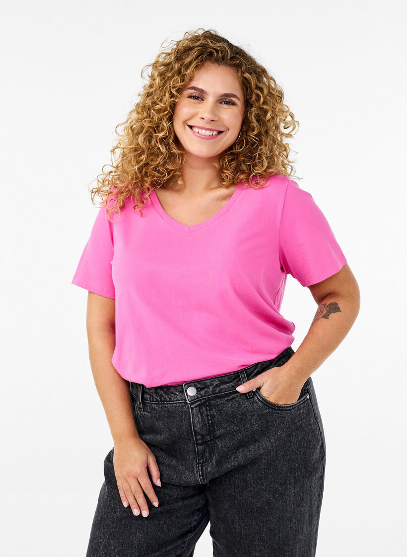 Einfarbiges basic T-Shirt aus Baumwolle, Pink, Model image number 0