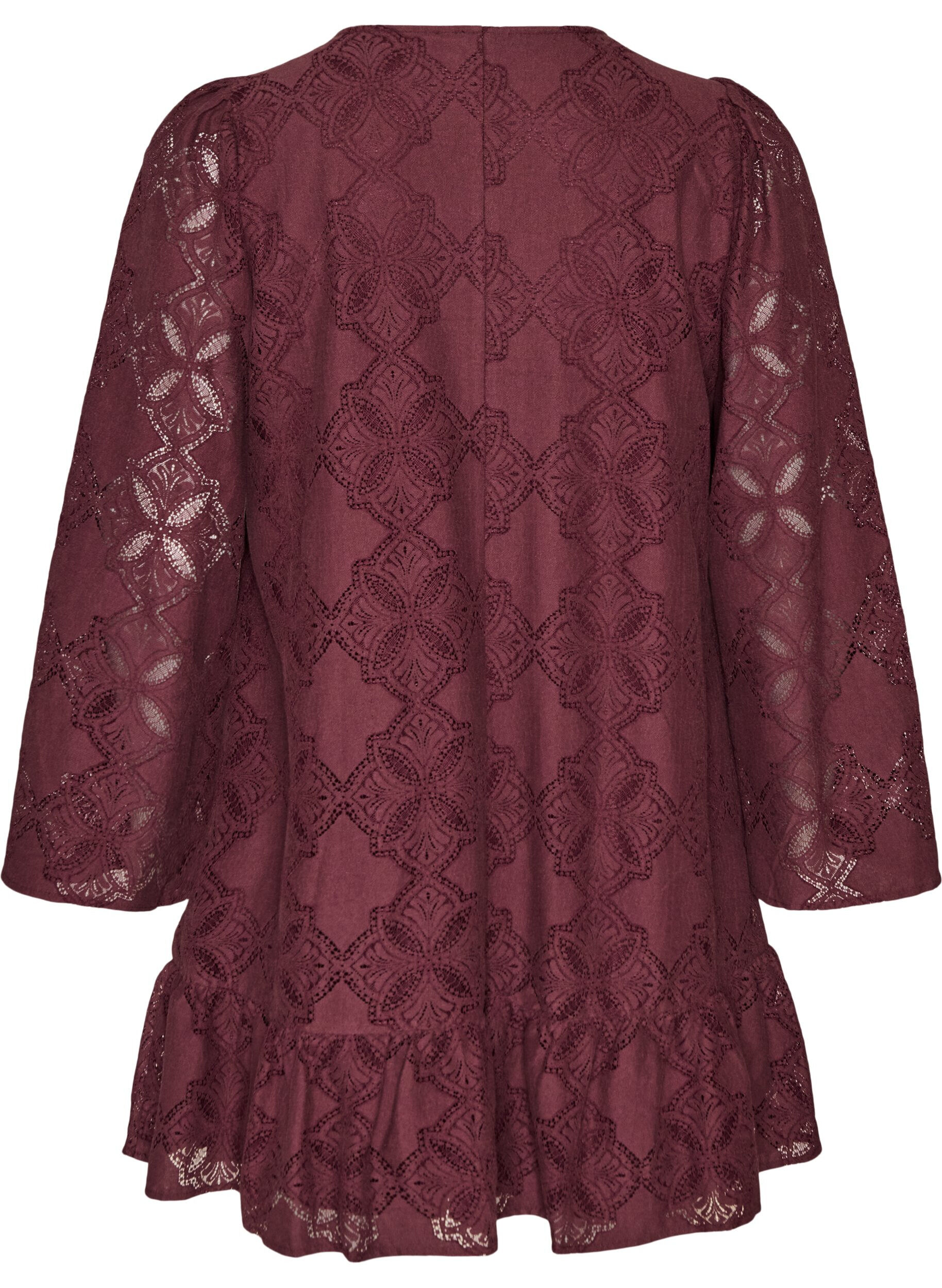 ZizziSpitzenkleid mit langen &Auml;rmeln und R&uuml;schensaum, Dunkles Bordeaux, Packshot image number 1