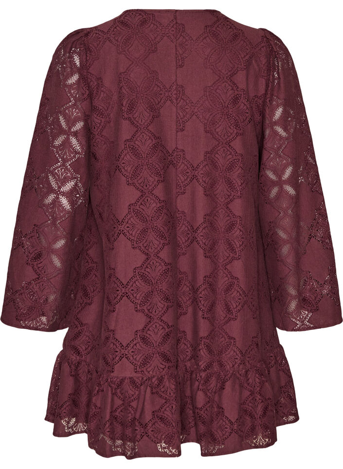 Spitzenkleid mit langen &Auml;rmeln und R&uuml;schensaum, Dunkles Bordeaux, Packshot image number 1