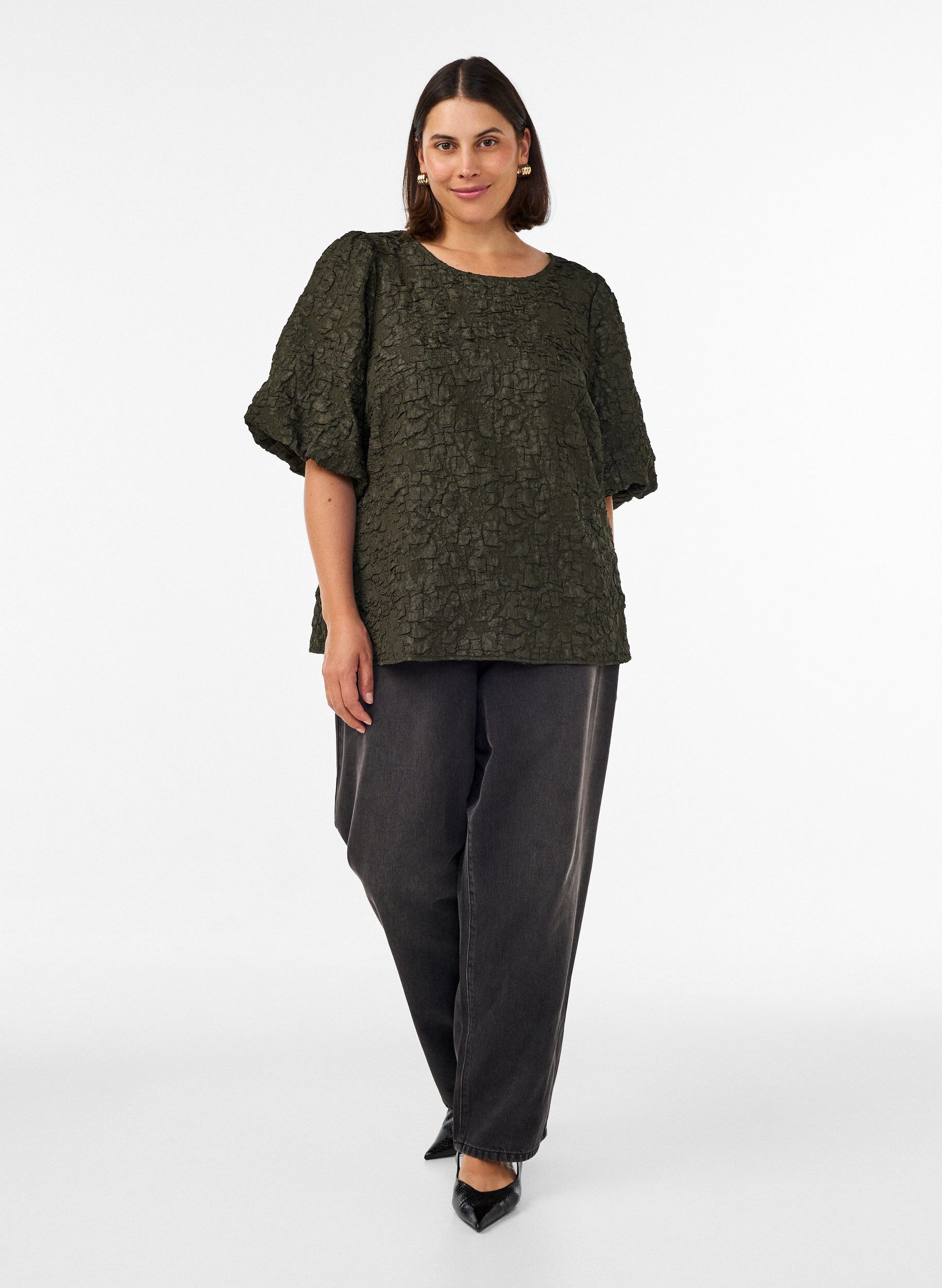 ZizziJacquardbluse mit Puff&auml;rmeln und A-Linien-Form, Gr&uuml;n, Model image number 1